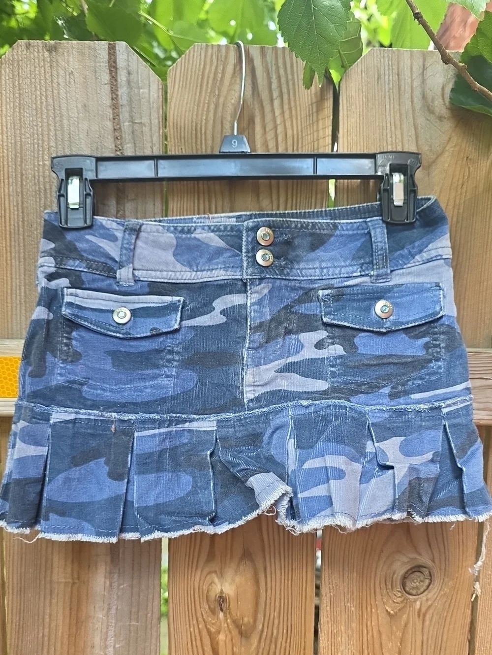 Blue Camo Pleated Denim Mini Skirt